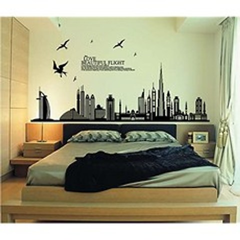Black City Silhouette Cityscape Skyscraper Wall Decals Living Room Bedroom Removable Wall Stickers Murals, 본상품