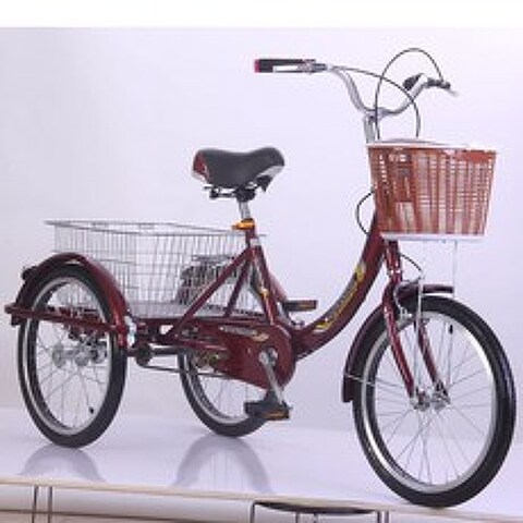 성인 자전거 보조바퀴 삼륜 세발 어르신 노인 중년 소형 스쿠터, 와인 레드 야채 바구니