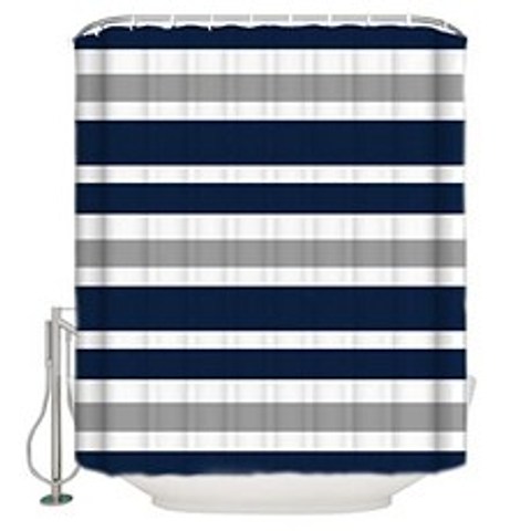 Waterproof Shower Curtain Teen Stripes Navy Blue Gray and White Printing Bath Curtain Home Apartment Dorm Bathroom Decoration 72x72in, 본상품