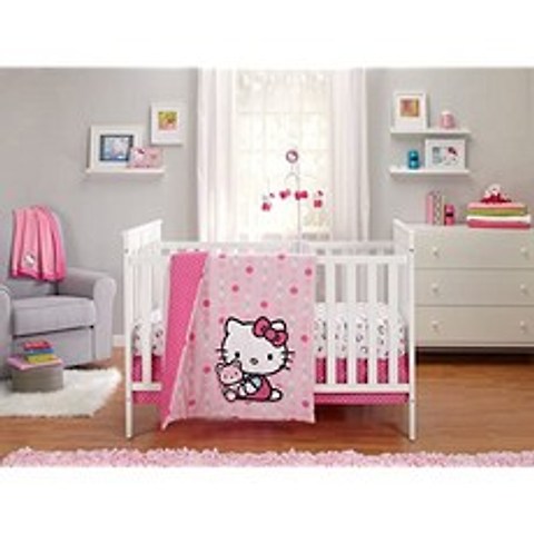산리오 헬로 키티 버튼 3 피스 침대 세트 핑크 화이트 (3pc Crib Set), 3pc Crib Set