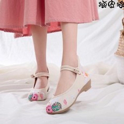 여자신발단화 중국전통의상 봄계절 한복신발 에스닉 무드 자수신발 청키 노 북경 패브릭슈즈