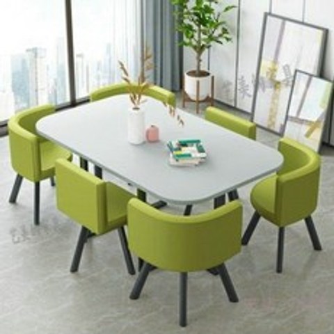 회의실 6인용 테이블 세트 사각형 인테리어 사무실 카페 공간절약, 화이트테이블 + 그린의자6개