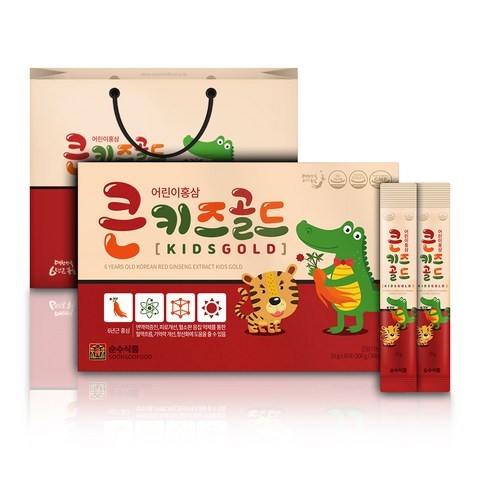 순수식품 큰 키즈 골드 어린이 홍삼 스틱 + 쇼핑백, 10g, 30개