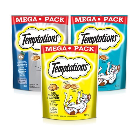 템테이션 메가팩 고양이 간식 3종 세트, 맛있는 닭고기맛, 고소한 참치맛, 헤어볼 컨트롤, 1세트