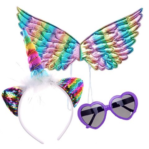 스펀지 천사 날개 + 유니콘 머리띠 + 하트 모양 안경, 레인보우, 1세트