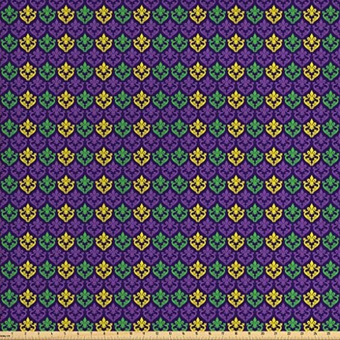 Ambesonne Mardi Gras Fabric by The Yard Antique Old Fashioned Motifs in Ma (1 Yard Purple Yellow), 1 Yard, Purple Yellow
