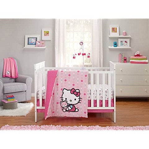 산리오 헬로 키티 버튼 3 피스 침대 세트 핑크 화이트 (3pc Crib Set), 3pc Crib Set