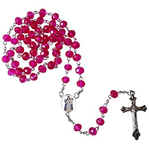 Virgen de La Candelaria Magenta Au Quartz Crystal Silver Plated 메달과 묵주 묵주 코어 코어 및기도 카드 포함, 본상품