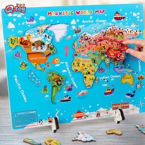 대형 세계지도 자석 퍼즐 어린이 장난감 몬테소리 교육 완구 어린이를위한 자석 세계 문화 교육 에이즈 퍼즐|Puzzles|, 단일, 1개, Word Puzzle