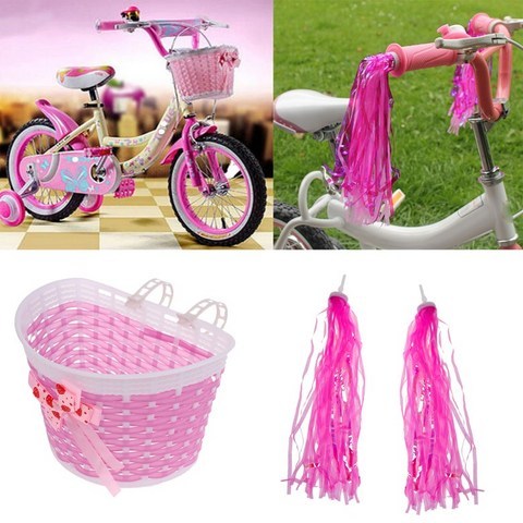 FWT 아동 공주님 핑크 자전거 바구니 귀여운 깃발장식증정
