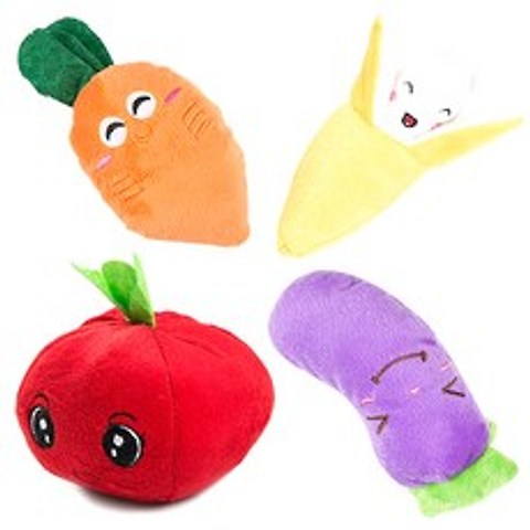 딩동펫 반려견 장난감 인형 당근 8 x 16 cm + 바나나 7 x 15 cm + 가지 6 x 15 cm + 토마토 7 x 10 cm, 혼합 색상, 1세트