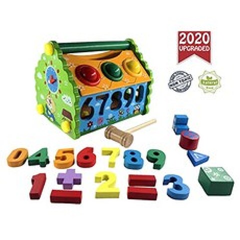 6 교육 장난감에서 내 첫 집 : 정렬 해머 게임 배우기 : 숫자 계산 시계 모양 색상 나무 생일 아이 선물 유치원 소년 소녀 아기 3 4 5 6 7 8 세, 본상품