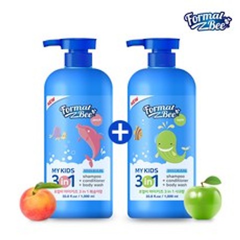 포멀비 키즈 3in1 어린이워시 샴푸 1000ml 1+1 (복숭아+사과향) 유아바디/헤어 워시세트, 1개