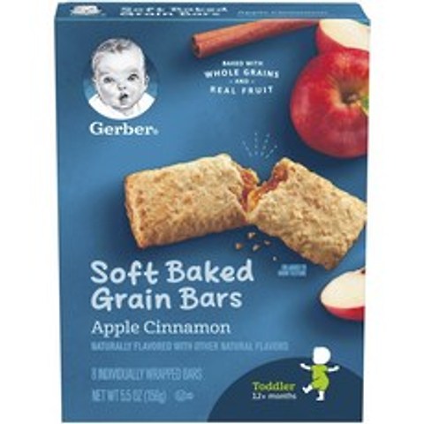 거버 소프트 베이크드 그레인 바 어린이곡물과자 19g, 8개입, 사과 + 계피(Apple + Cinnamon)