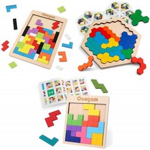 쿠감 나무블록 퍼즐 브레인 티저 장난감 + 나무 육각 퍼즐 + 나무 탱그램 어린이 퍼즐 패턴 블록, 1