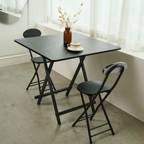 픽차 다용도 접이식 탁자 테이블 의자, 사각 테이블 블랙 1개+의자 블랙 2개