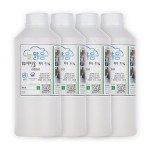 [한국알콜]식물성 소독용 에탄올 99% 1L x 4개 묶음 불멍 에탄올난로 무수에탄올 소독용알코올, 1L 4개 묶음