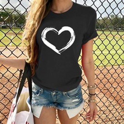 Camisetas de corazones informales para mujer ropa de verano Harajuku con estampado de manga corta, 흑인, S