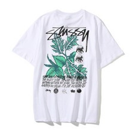 미국 버전 stussy 반팔 튼튼한 잎 꽃 무늬 프린트 탑 타이드 브랜드 남성과 여성 커플 코튼 티셔츠