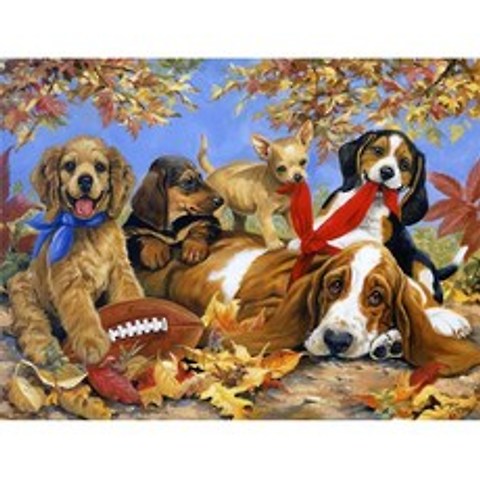 직구 Eiggsco 1000 Pieces Jigsaw Puzzle-Five Cute Dogs Rugby and Leaves 1000pcs Puzzle Game Toy for Adu, 상세참조, 상세참조