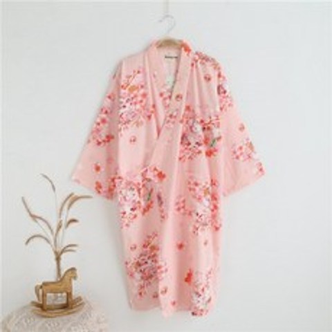 샤워가운 일본식 순면 거즈 기모노 잠옷 홈웨어 봄가을 롱 빅사이즈 끈이있는 목욕가운 찜질복, T02-L, C26-팔레핑크