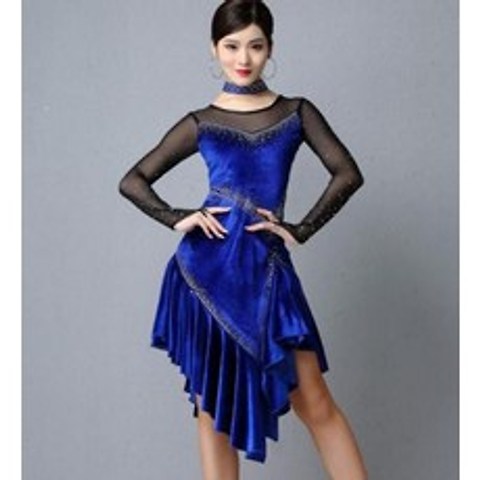 MEIZI CAI 댄스복 스포츠댄스 원피스 벨벳 드레스 씨스루 라틴 전문 공연 무대의상, 블루