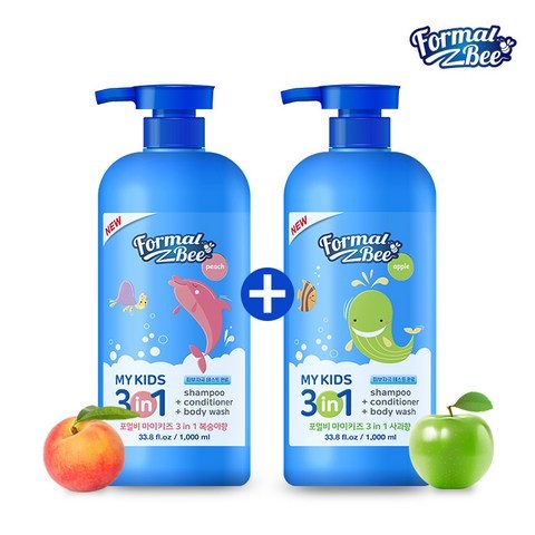 포멀비 키즈 3in1 어린이워시 샴푸 1000ml 1+1 (복숭아+사과향) 유아바디/헤어 워시세트, 1개