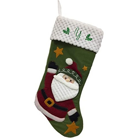 Monogrammed Christmas Stocking 3D Applique Santa Gre (Initial Y Green With Green Script Glitter), 본상품