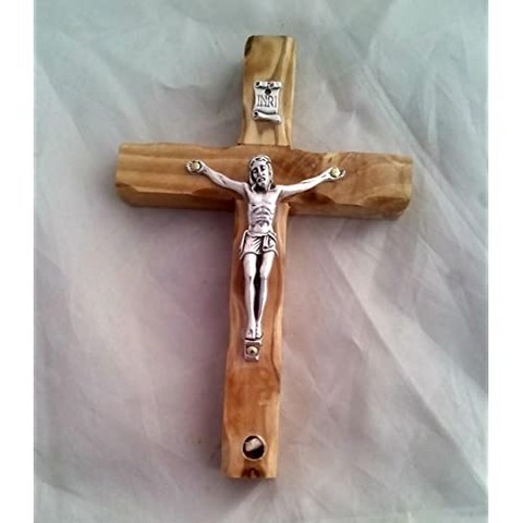 Wall Cross Crucifix Olive Wood with a Bethlehem Stone Holy Land Prayer Card Certificate, 본상품