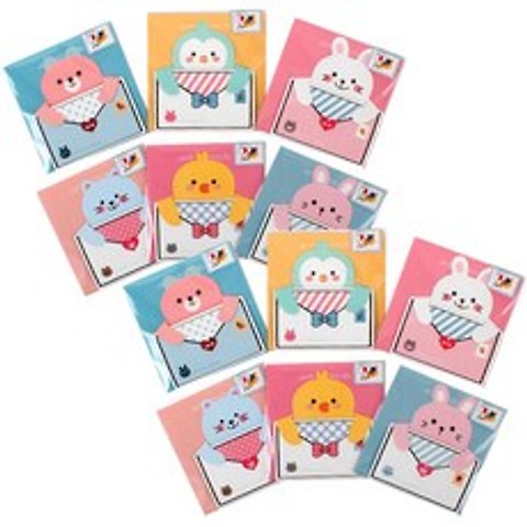톡톡팬시 프리티 동물카드 6p, 분홍토끼, 하얀토끼, 고양이, 펭귄, 곰, 병아리, 2세트