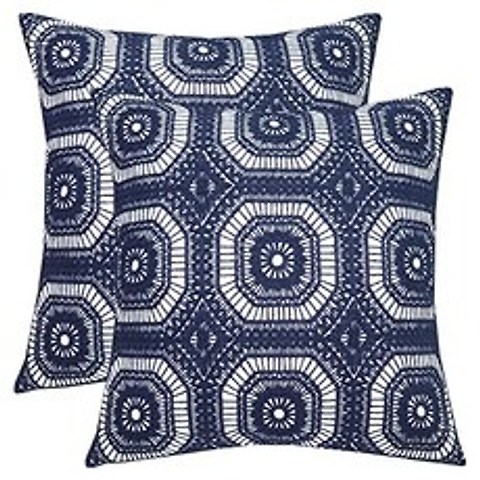 SLOW COW Cotton Embroidery Decorative Throw Pillow Covers for Couch Sofa Bedroom Modern Kaleidoscope Pillowcases 18 X 18 Inches Navy Blue