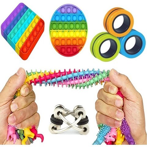 12Pack Sensory Fidget Toys Set Stress Magnetic Fidget Rings Push Pop Bubble Sensory Fidget Toy Unicorn String Toys, 단일옵션