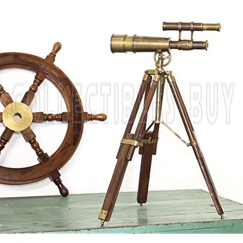 A Table Décor Telescope Vintage Marine Gift Functional Instrument Collectibl (Brass Antique Wood), Brass Antique + Wood