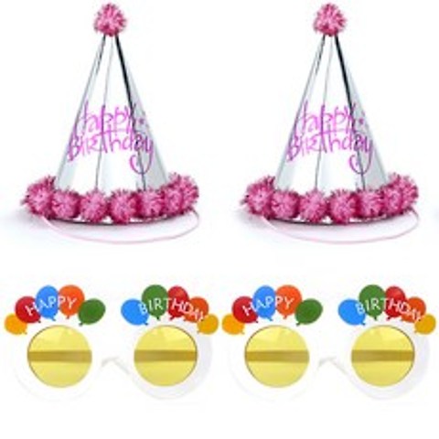 파티팡 솜방울 생일 고깔모자 은박 핑크 2p + 생일 풍선 안경 2p 세트, 화이트, 1세트