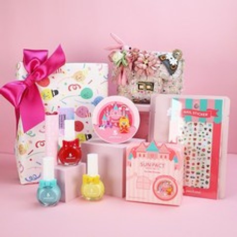 [피치앤드] 어린이화장품 선물세트(선팩트+매니큐어+립밤+마스크팩+네일스티커)+(사은)핑크가방, 1set