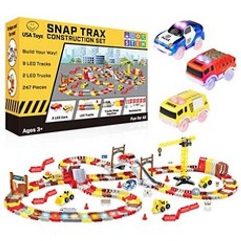 USA Toyz Snap Trax 건설 세트-STEM 빌딩 구부릴 수있는 LED 레이스 트랙 및 LED 장난감 트럭 건설 세트, 단색_Construction Track Set, 단색_Construction Track Set, 단색