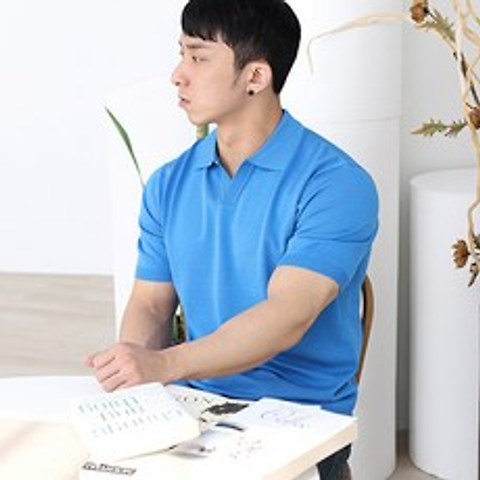 머슬핏 오픈 카라넥 쿨 봄 여름 남자 니트 반팔 티셔츠 8color