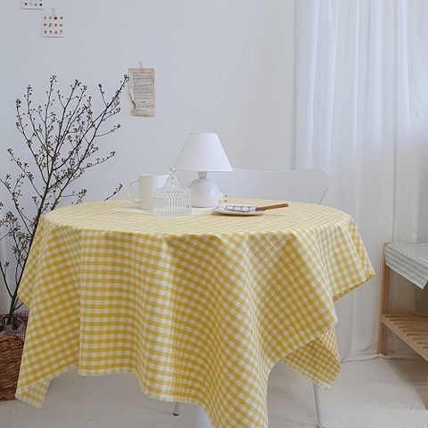 린넨식탁보 방수테이블식탁보 옐로우체크, 노랑, 150 x 90 cm