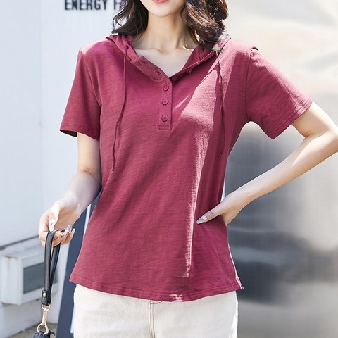 봄 여름 슬림핏 상의 반소매 후드 티셔츠 중년여성S19