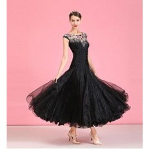Yilin Feier 여성 댄스복 댄스스포츠 원피스 드레스 모던 라틴 블랙 레이스 장식 큐빅