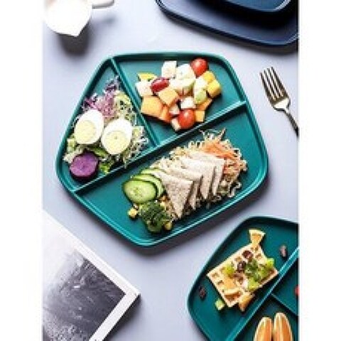 도자기 식판 다이어트 그릇 분격식반 가정용 헬스 전용 식기 분리접시 정량감지 식반, 13 라지 블루+블랙 골드 포크