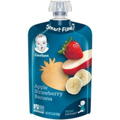 Gerber Purees 2nd Foods Apple Strawberry Banana Pouch 거버 퓨레 2단계 사과 딸기 바나나 파우치 아기 이유식 99g 12팩, 1