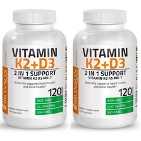 Vitamin K2 D3 2in 1 비타민 케이2 투인원 비타민 D3 GMO 포뮬러 5000 IU 120정 2팩 Bronson 브론슨 글루텐프리 NON GMO, 120캡슐