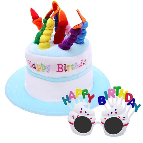 케익 모자 + 생일 머핀 안경 세트, 하늘,화이트, 1세트