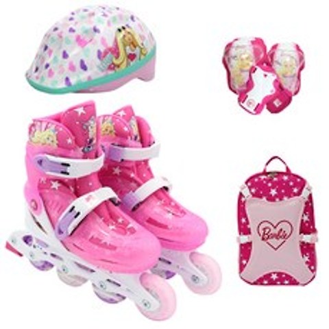 휠러스 바비 아동용 인라인스케이트 콤보세트 인라인 + 헬멧 + 보호대 + 가방, 스타 핑크