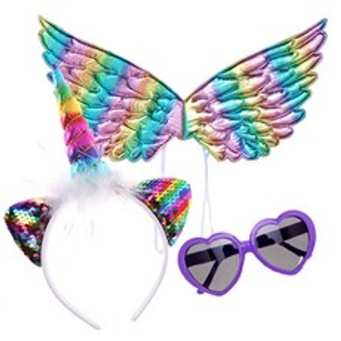 스펀지 천사 날개 + 유니콘 머리띠 + 하트 모양 안경, 레인보우, 1세트
