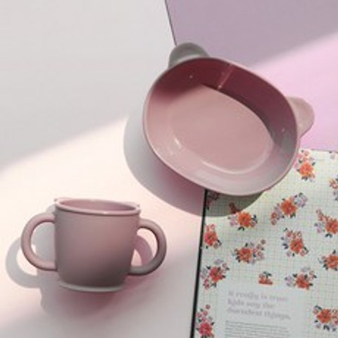 파스텔 실리콘 양손 손잡이컵 + 접시 세트, 핑크, 접시 + 컵