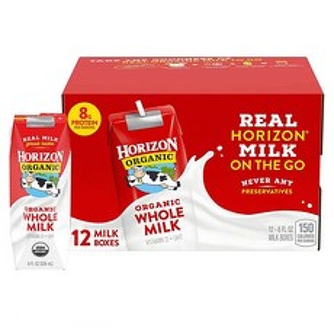 Horizon Organic Whole Milk 호라이즌 홀 밀크 비타민 D 함유 멸균 우유 8OZ(236ml) 12팩