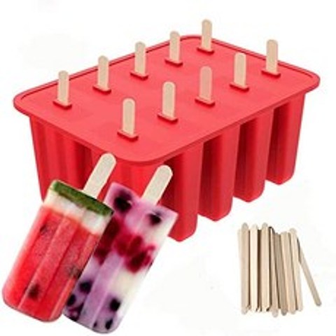 Popsicle Model Ice Pop model Food Grade Silicone with 50 Popsicle Sticks Frozen Ice Popsicle Maker For Kids Food Health Certification Red, 본상품