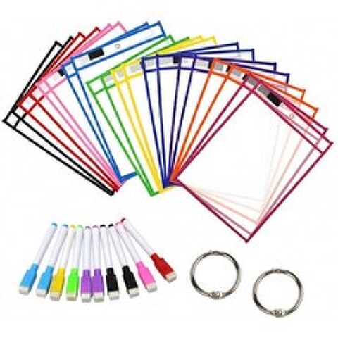 Dry Erase Pocket Sheet Protector 다양한 색상의 플라스틱 슬리브 20개 Oversize 10 x 13 Pockets 재사용 가능한 지우개, 단일옵션
